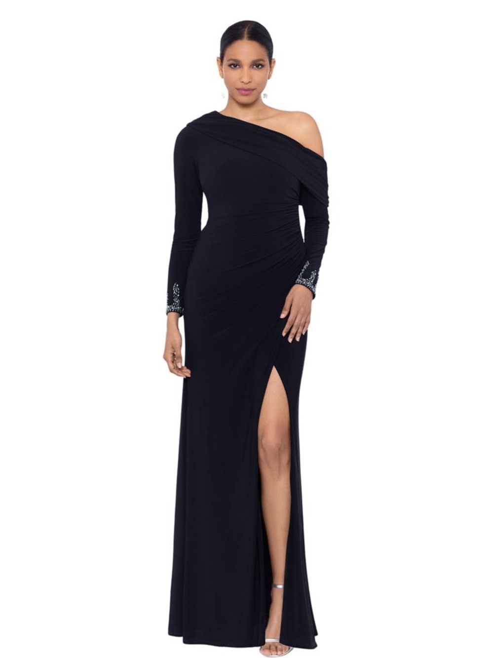 Betsy & Adam Black One-Shoulder Evening Gown with Beaded Cuffs